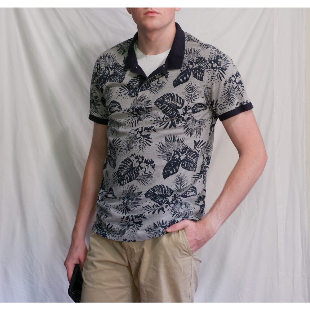Livergy Tropical Print Polo L Gray Coastal Resort Summer Shirt